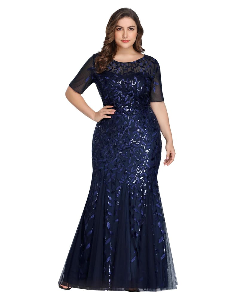 Front of a model wearing a size 10 Floral Sequin Mermaid Tulle Evening Dress in Navy Blue by Ever-Pretty. | dia_product_style_image_id:284644